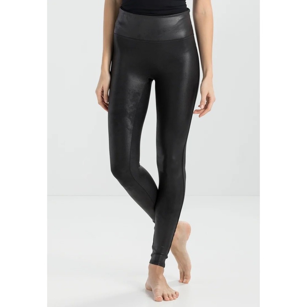 SPANX Faux Leather Leggings Small Black Metallic High Rise Athleisure Edgy Goth